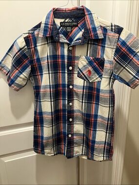 U.S. Polo Assn. Navy, White & Orange Plaid Short-Sleeve Button-Down Shirt